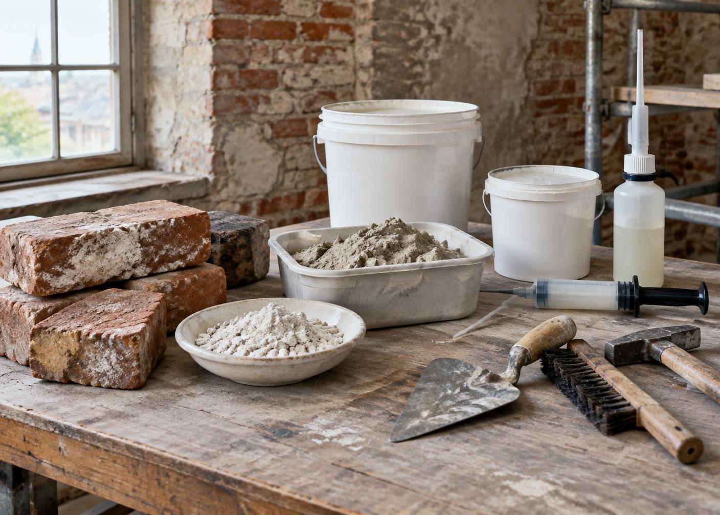 Próbki starej cegły oraz mineralne materiały renowacyjne