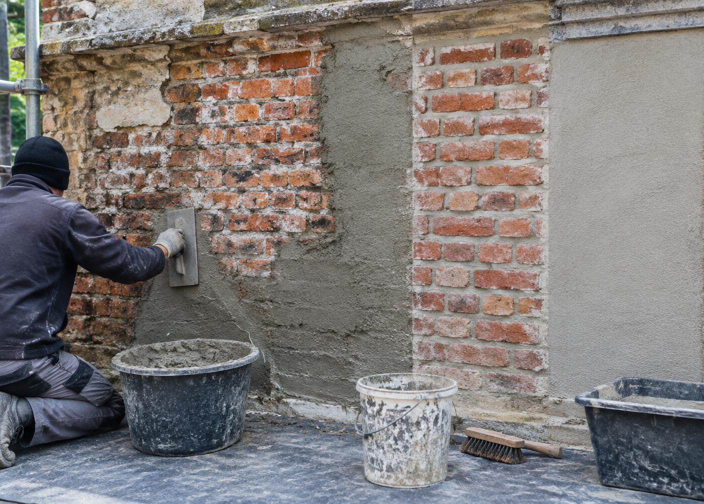 Nakładanie mineralnego tynku renowacyjnego na stary mur ceglany